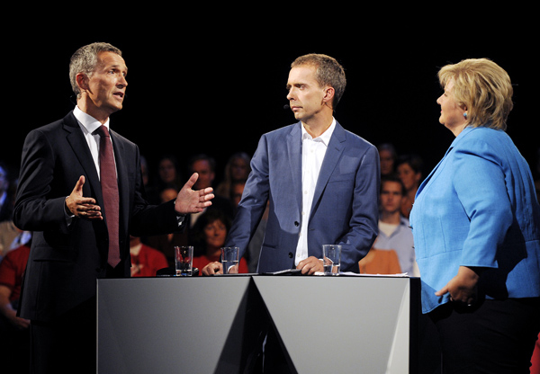 Statsministerduell NRK-debatt aulaen august 2013 (Foto: Helge Skodvin)
